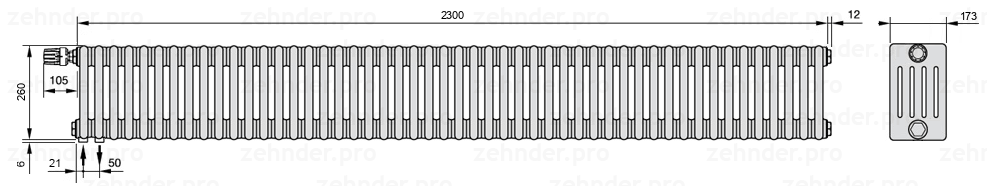 Схема (чертеж) Радиатор Zehnder Charleston 5026/50 №V001 Белый глянцевый RAL 9016